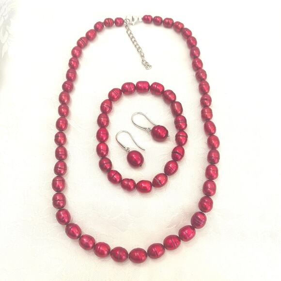HONORA 925 Red Pearl 18" +2" NECKLACE EARRINGS BRACELET  Set Stretch Drop Dangle - Picture 1 of 13